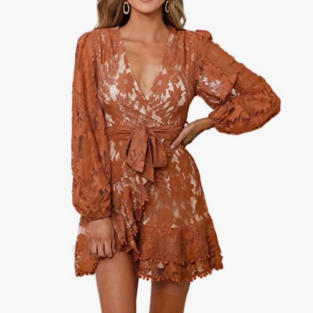Elegant Rust Lace Wrap Mini Dress
